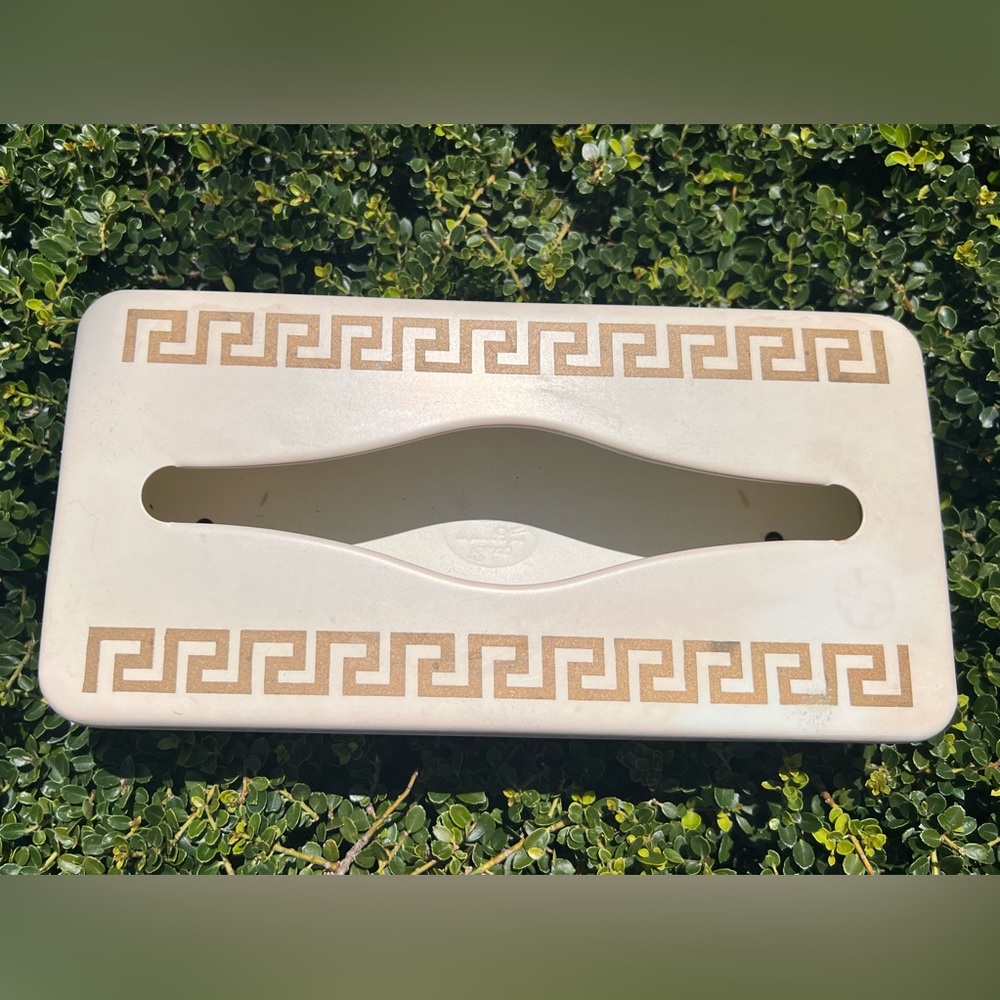 Ransburg VTG Metal Wall Hanging Tissue Box Metal Cream and Gold Greek Key MCM